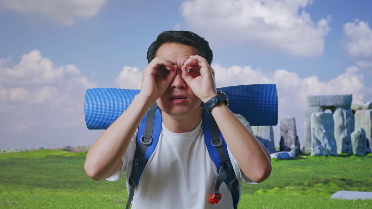 Close Up Of Asian Male Hiker With Mountaineering Backpack Making Binoculars Gesture Looking At Something Then Saying Wow While Traveling In Stonehenge