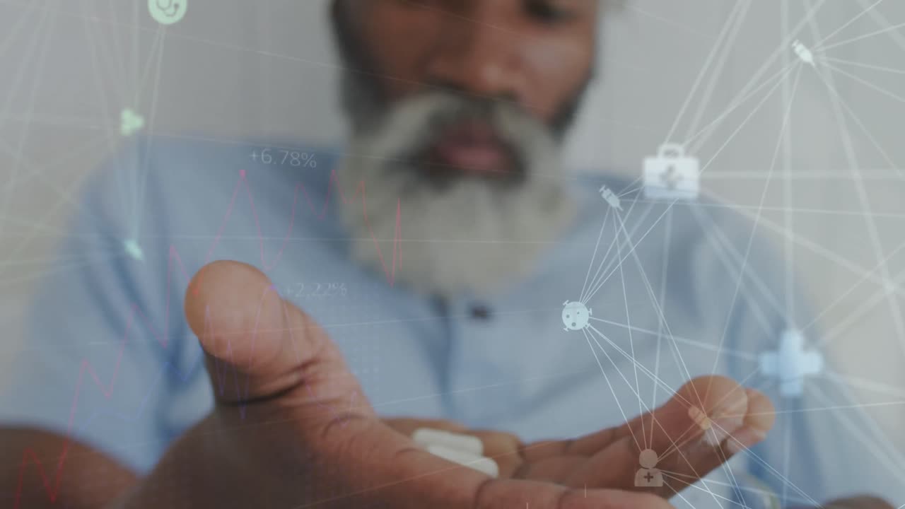 animación de procesamiento de datos sobre el anciano afroamericano con pastillas