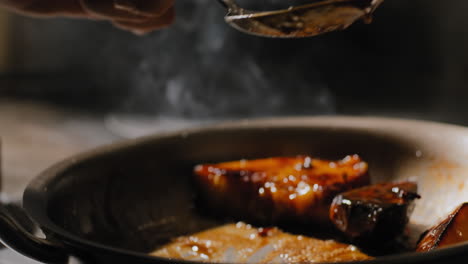 sautéing sweet potatoes in a sweet brown sauce in slow motion