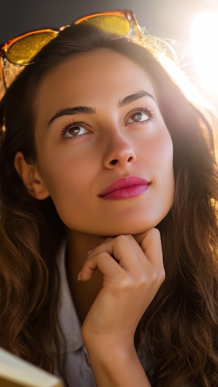 Donna contemplativa con occhiali da sole, persa nei pensieri, che guarda verso l'alto con un'espressione serena, mostrando bellezza e tranquillità in un'atmosfera soleggiata