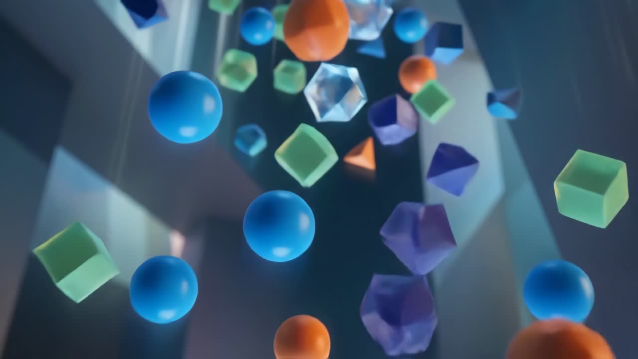 Abstrakt animation af faldende farverige 3D geometriske former