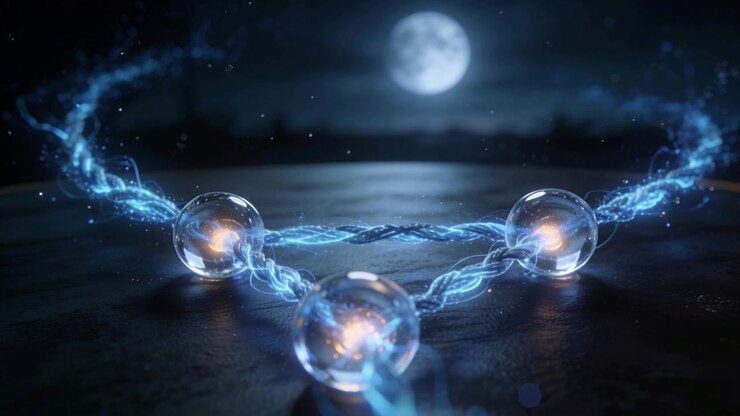 Pulsing three glass spheres amber sending blue braid flow at shore, strand touch sparking spray