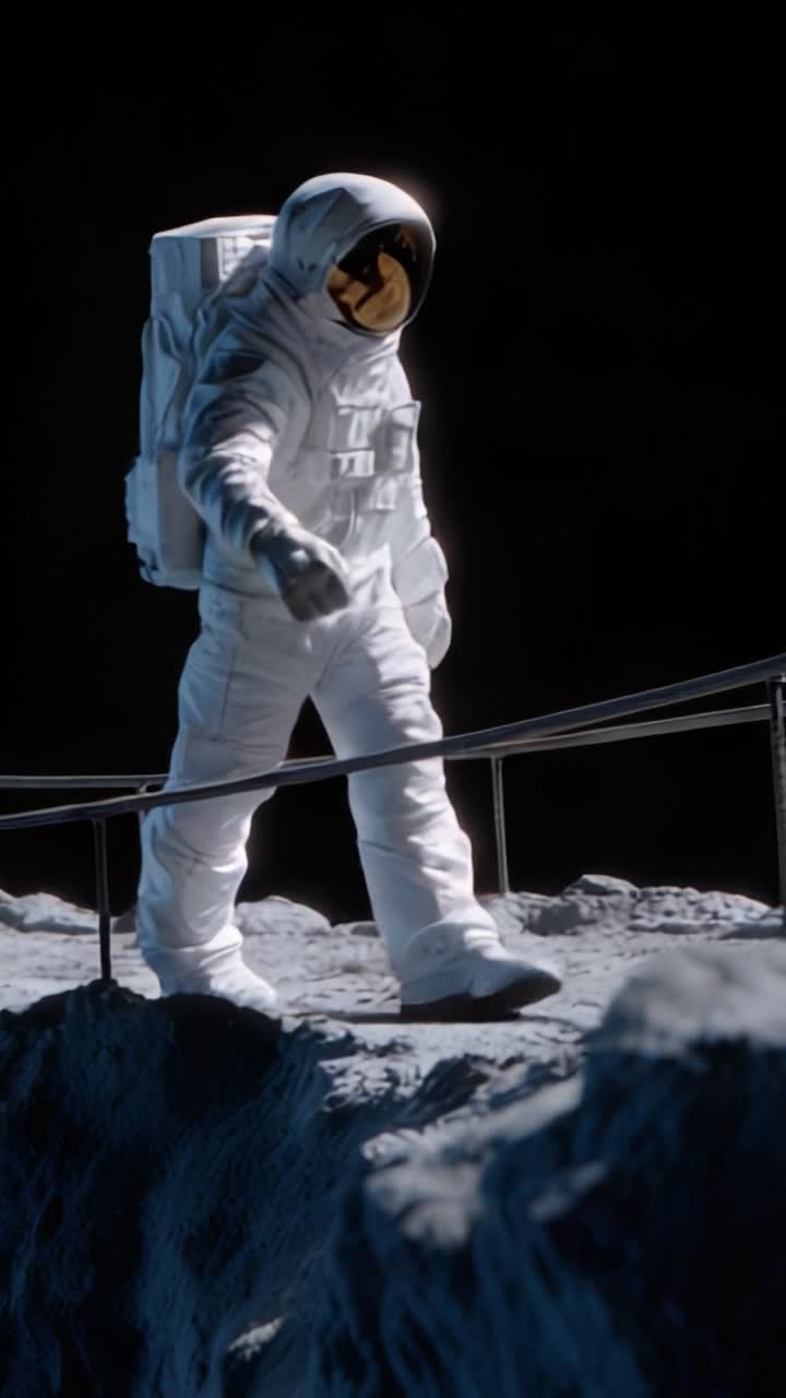 An astronaut explores the lunar surface, showcasing the milestones of space exploration and the adventure of walking on the moon in a dramatic cosmic setting