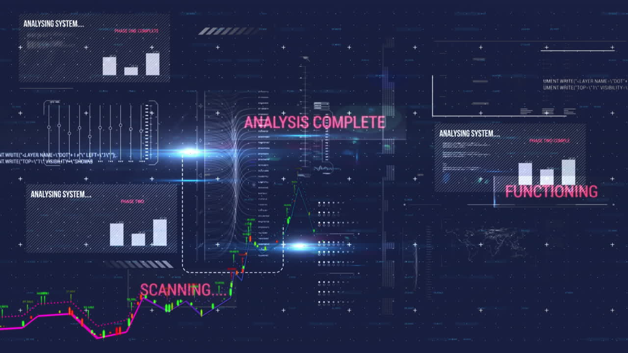 Animation of digital data processing and text over grid on dark background