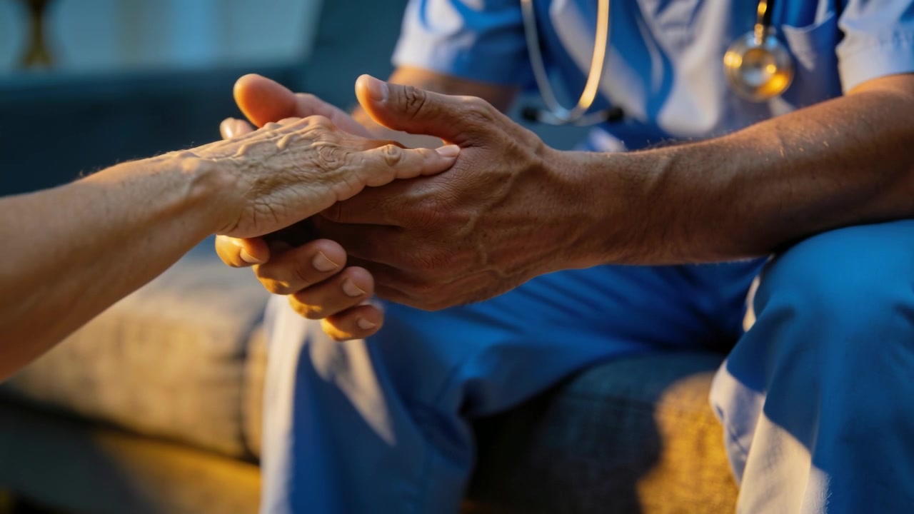Accogliendo la mano di un anziano, un'infermiera in camice blu apre le mani e conforta sul divano, con uno stetoscopio.