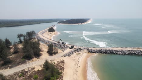 aerial footage of new fisheries harbour at hejamadi kodi river shambavi and estuary, pavanje, haleyangadi, shasihithlu, karnataka, india