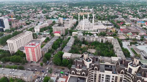 drone fly above bishkek, the capital city of kyrgyzstan revealing the central mosque and skyscraper building