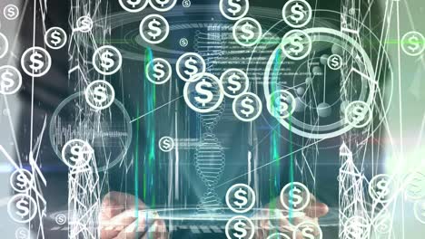 animation of american dollar symbols, dna strand and data processing over caucasian businessman