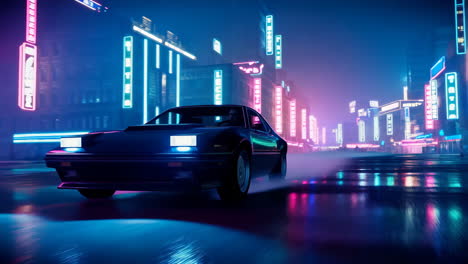 Synthwave Car Driving Through Neon City at Night