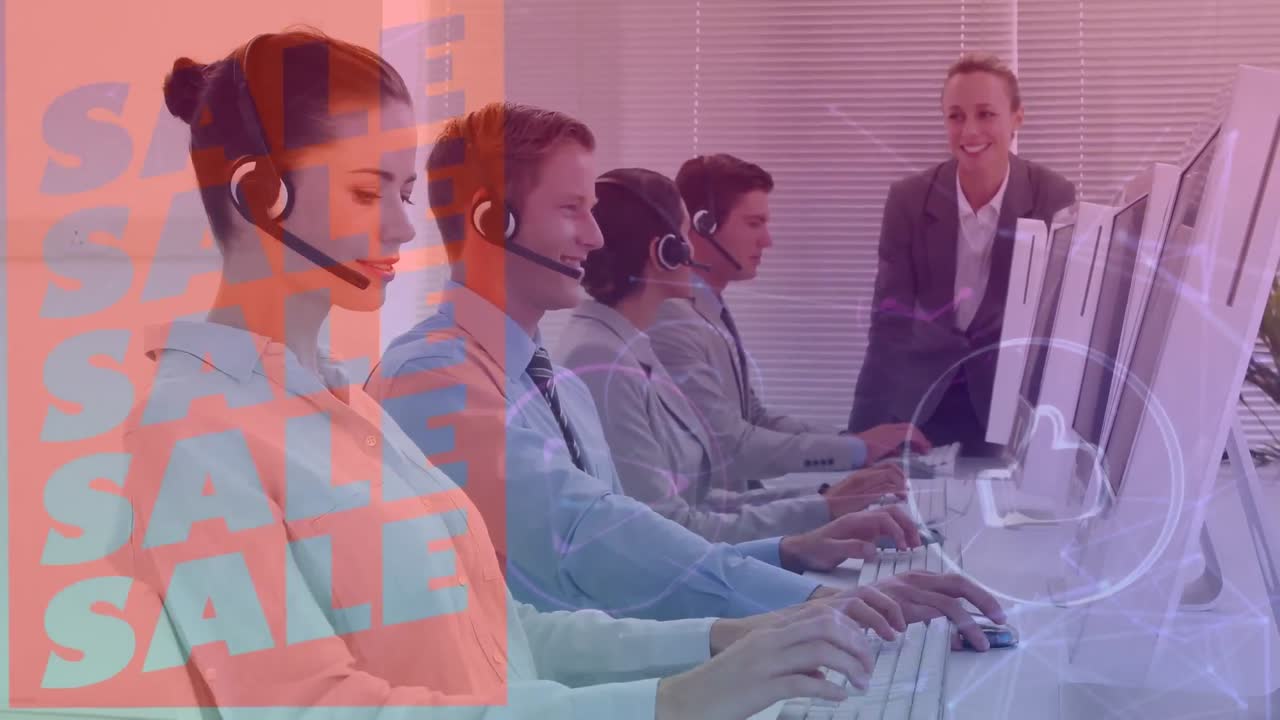 전화 헤드 ⁇ 을 사용하는 비즈니스 사람들에 대한 판매 텍스트의 애니메이션