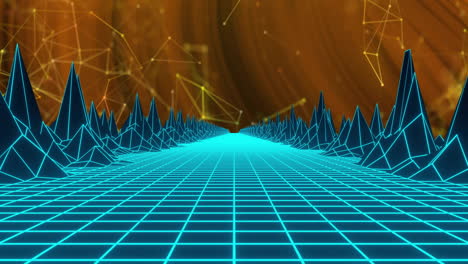 animación de un modelo 3d de montañas en un patrón de cuadrícula sobre puntos conectados contra un fondo abstracto