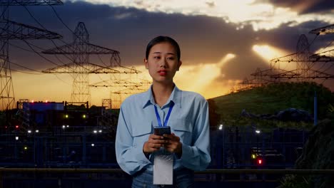 asian female professional worker standing with her smarphone near high voltage tower, industrial facility, she observes by looking around before she come to concentrating with her smarphone