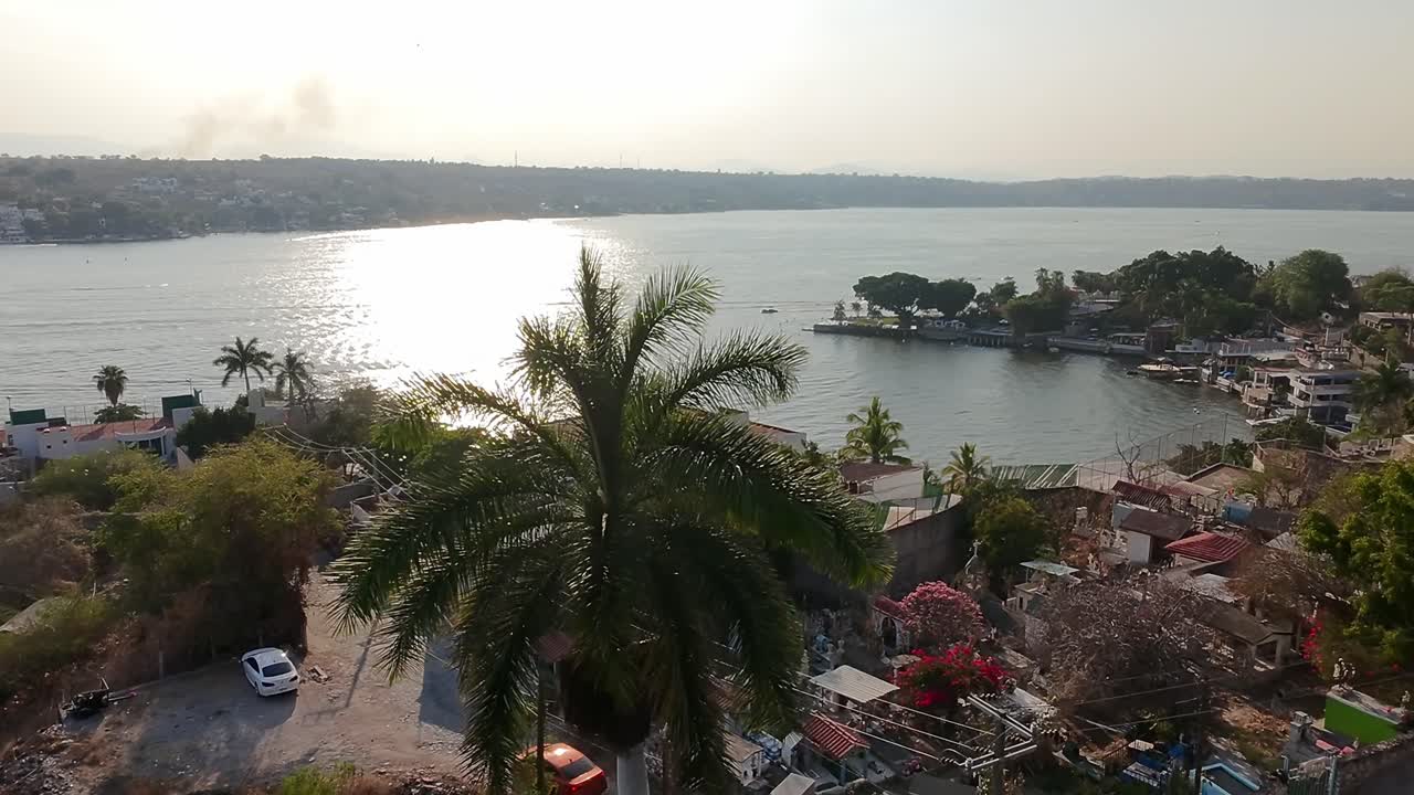 Aerial view over palm trees toward the calm waters of Laguna Tequesquitengo, with lakeside homes and a peninsula in Morelos, Mexico. Dolly in