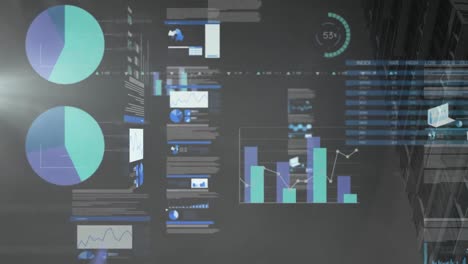 animación del procesamiento de datos financieros sobre el paisaje urbano