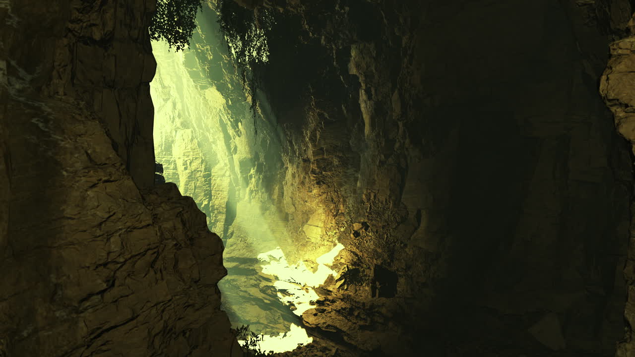 Majestic sunlight streaming through a cavern in a remote location