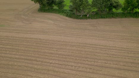 aerial drone view over cultivated and plowed field