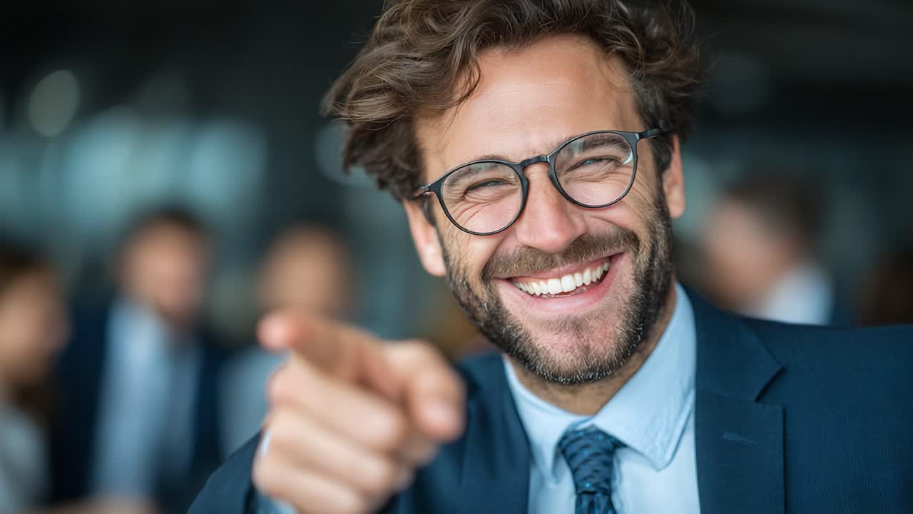 A Joyful Professional with a Winning Smile and Playful Gesture in a Busy Office Setting Capturing the Essence of Motivation and Positivity in the Workplace