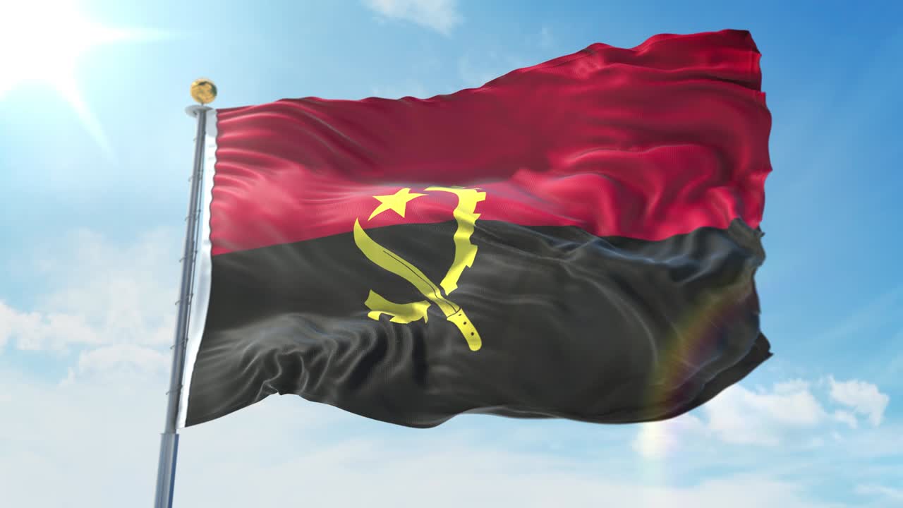 bandera de angola ondeando en el viento contra el cielo azul profundo. tema nacional, concepto internacional. 3d render ciclo sin costuras 4k