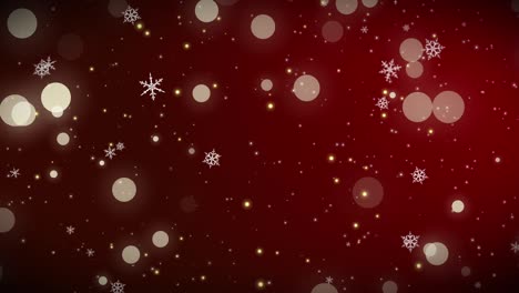 dorado, copos de nieve y luces bokeh en el fondo rojo de navidad.