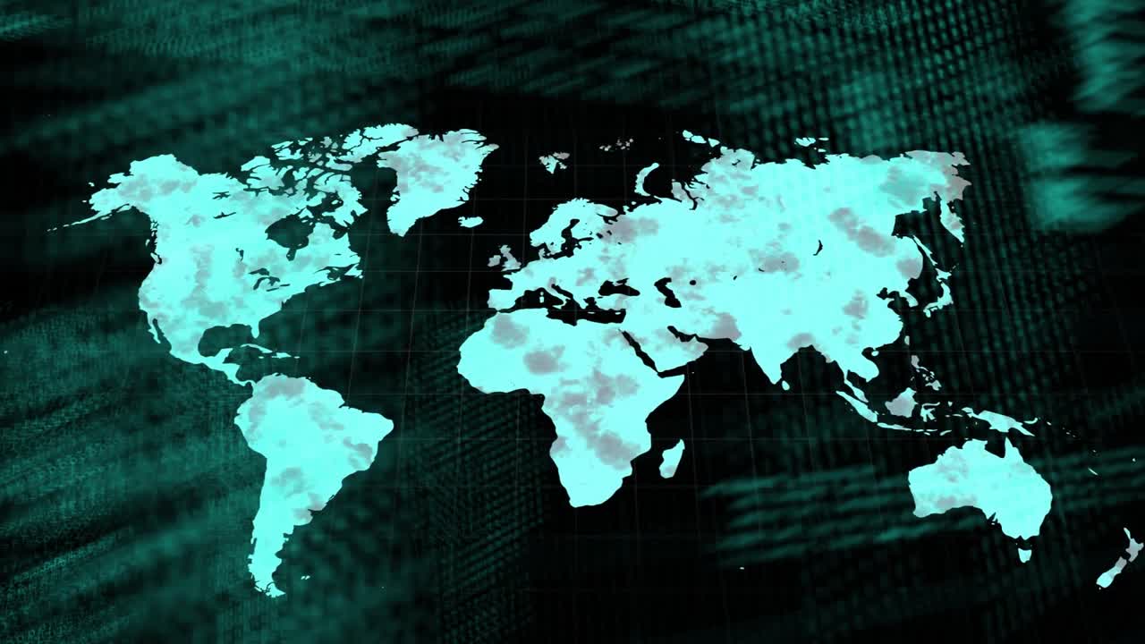 On startup world map emerging on 3D grid, scan line, code streams moving for data visualization