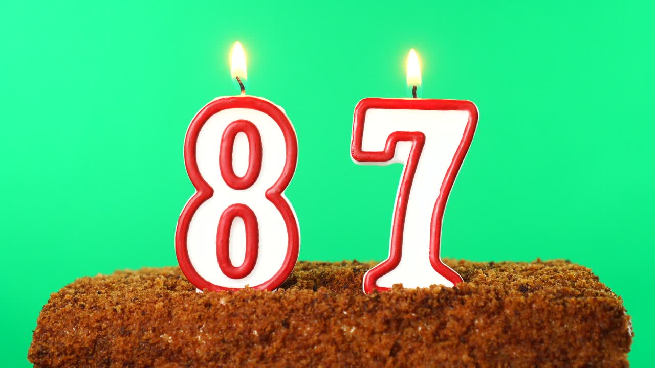 Cake with the number 87 lighted candle. Chroma key. Green Screen. Isolated