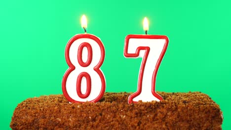 cake with the number 87 lighted candle. chroma key. green screen. isolated