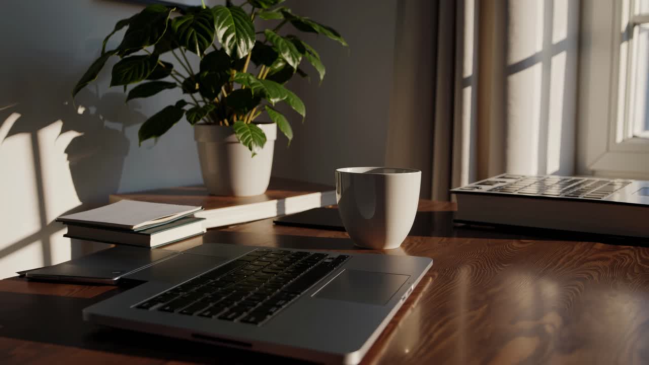 Sunlit home office with a laptop, books, and plant on a wooden desk