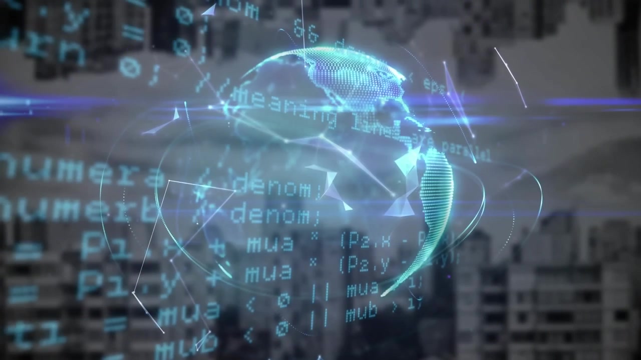 Animazione di punti connessi e un globo su un linguaggio di programmazione informatica su edifici sullo sfondo.
