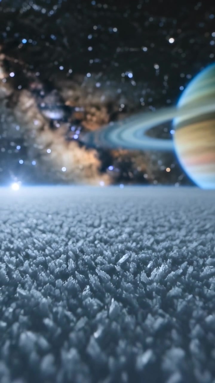 Vertical video: Drifting camera nudging icy surface onward, emphasizing ringed planet nebula light