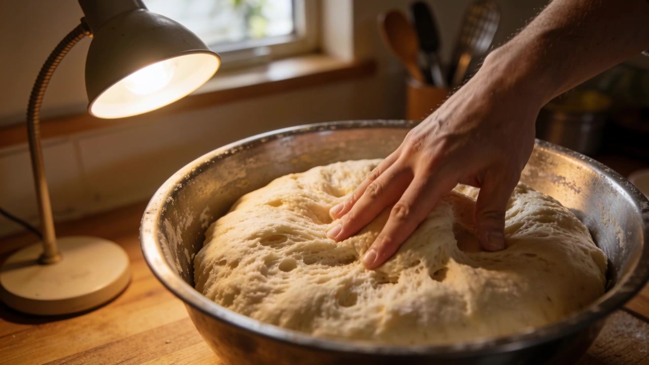 Entering right, baker's hands rolled-sleeves pressing dough in metal bowl at counter, for shaping