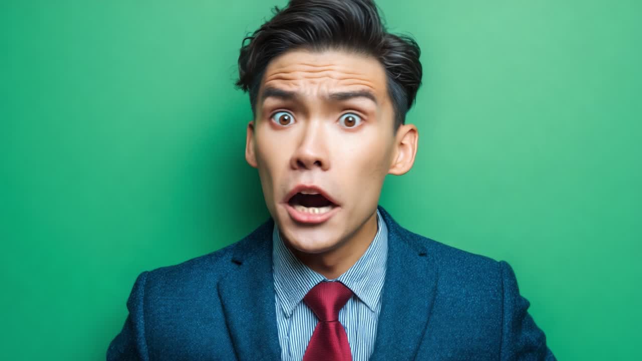 Expressions of Surprise and Joy: A Young Man in a Suit Transforms from Shock to Happiness Against a Vibrant Green Background