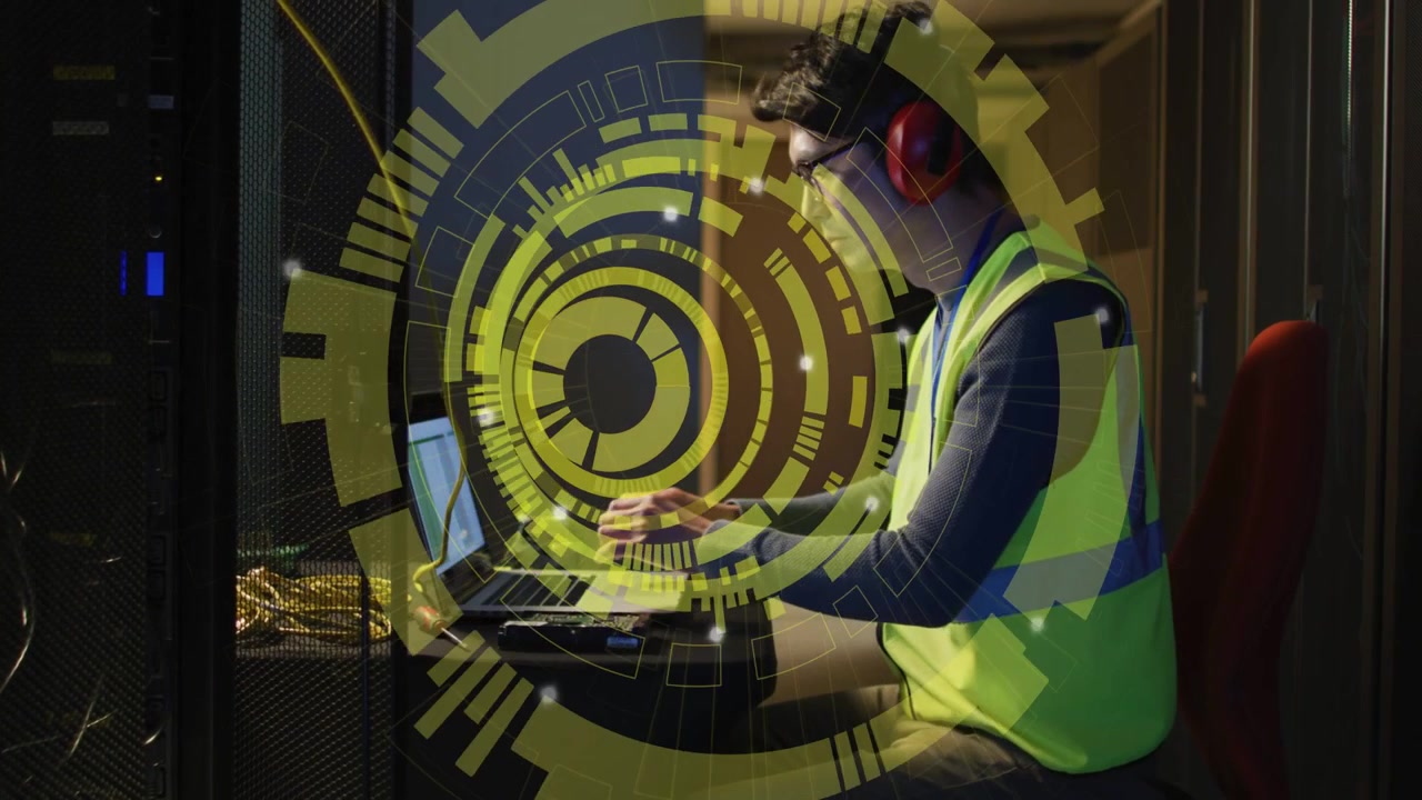 HUD pulsing and breaking into markers, tech tilting, typing on laptop, finishing diagnostics