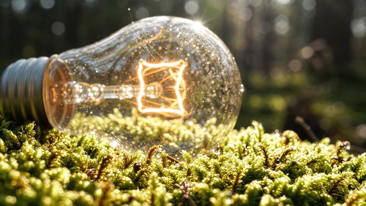Una lampadina luminosa appoggiata su muschio verde lussureggiante, che illumina la bellezza naturale dell'ambiente forestale con una luce soffusa e calda.