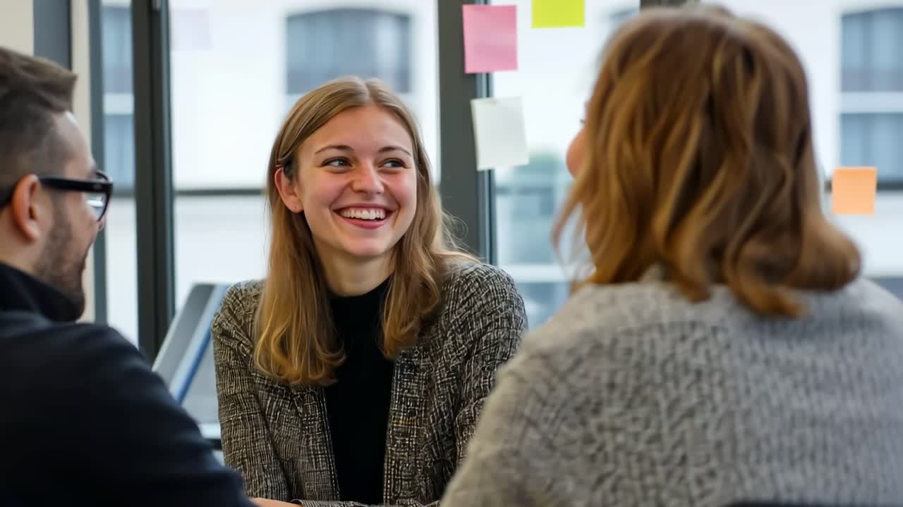 Afslappet video af tre personer i et møde, optaget fra en mellemhøj engel. Fokus er på et smilende