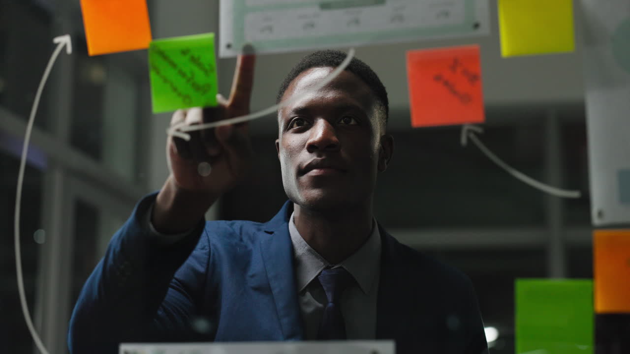 Thoughtful Businessman Planning Strategy on Glass Board with Sticky Notes