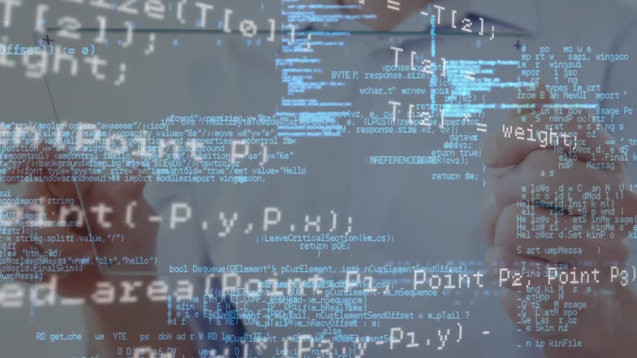 animación del procesamiento de datos sobre la pantalla interactiva táctil del hombre de negocios