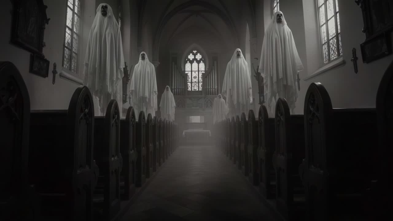 Eerie Atmosphere in Abandoned Church with Ghostly Figures and Dim Lighting Captured in a Haunting Black-and-White Video Sequence