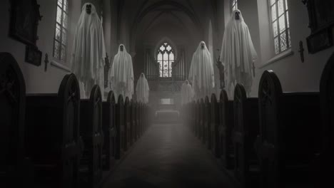 eerie atmosphere in abandoned church with ghostly figures and dim lighting captured in a haunting black-and-white video sequence