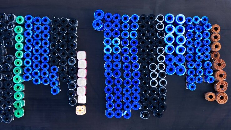 Top Down Drone View of Organized Plastic Pipe Storage Yard in Latvia