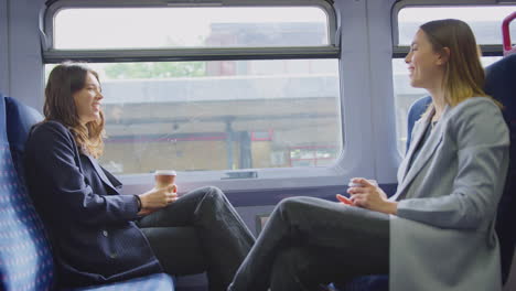 two businesswomen commuting to work on train talking together in carriage