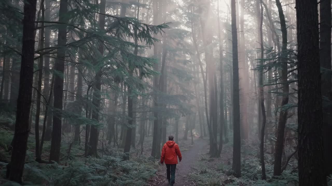 A serene forest scene with a person in a red jacket walking away, captured from a low angle