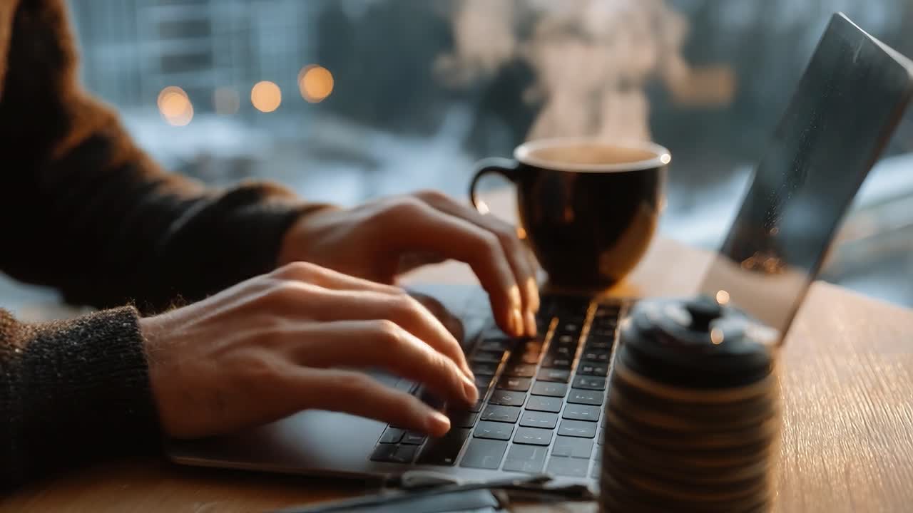 Gemütlicher Morgen-Workspace: Eine Person tippt auf einem Laptop mit einer warmen Tasse Kaffee und einem ruhigen Hintergrund der Natur, was Komfort und Fokus hervorruft