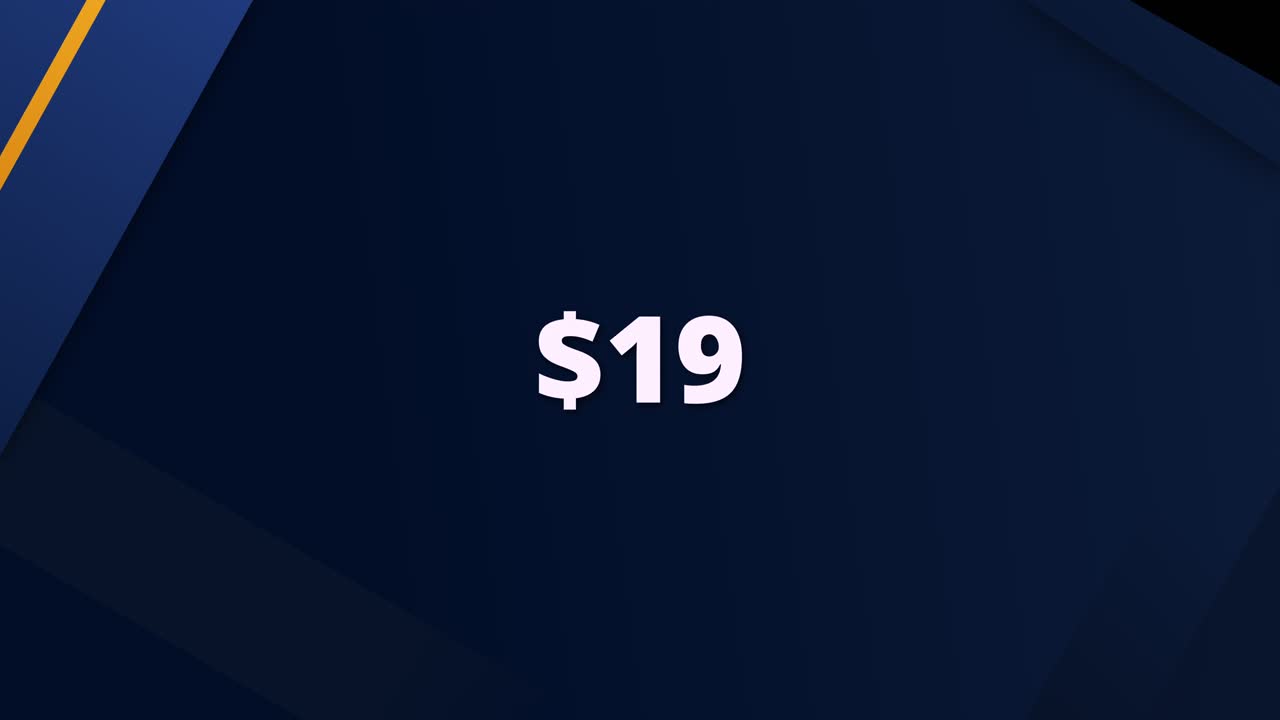 Elegant and bold price graphic animation showing $19. Ideal for product ads, e-commerce sites, and discount campaigns