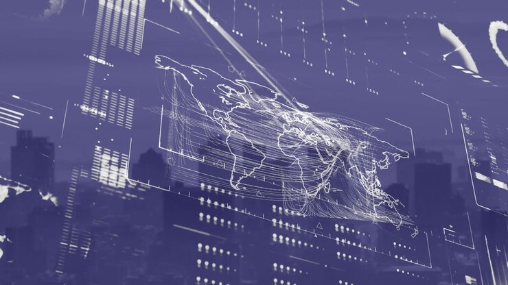 Animation of data and graphs processing on navy digital screen over cityscape