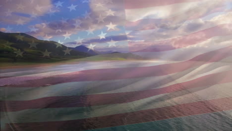 animation of flag of usa blowing over beach landscape