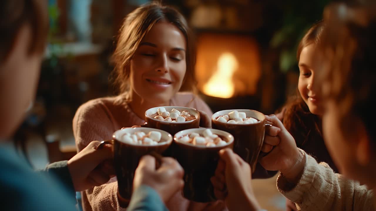 A Cozy Gathering Around a Warm Fire as Friends Clink Their Hot Chocolate Mugs Filled with Marshmallows, Celebrating Togetherness and Joy in a Warm, Inviting Atmosphere