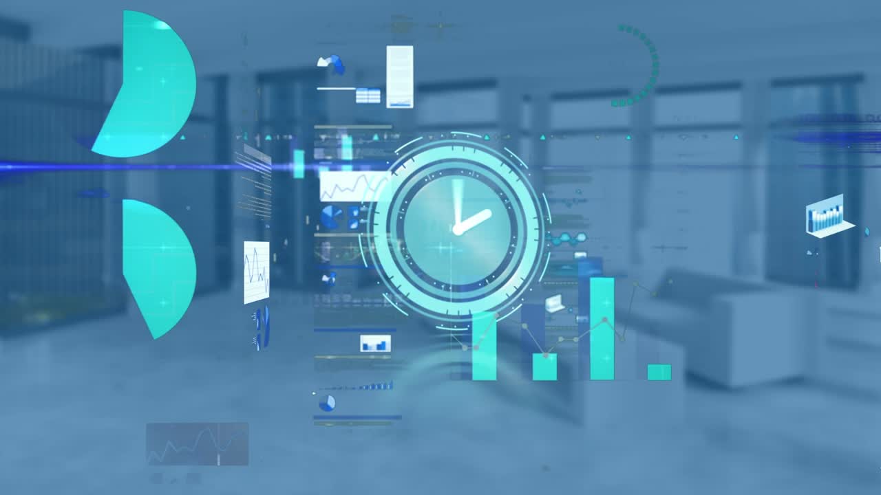Animation of digital clock, graphs and trading board against empty room in background