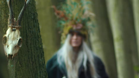 skull, horns and wild girl walking from background to focus, loopable front view