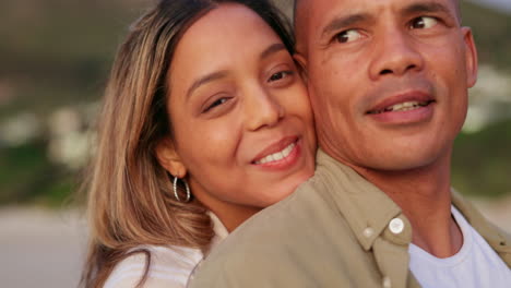 Couple,-beach-and-face-closeup-with-a-hug