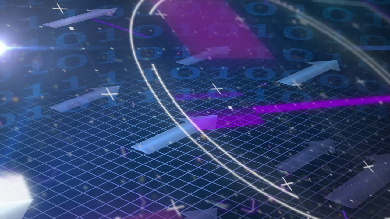 범위 스캐닝, 바이너리 코딩 및 그리드 배경에 있는 파란색 화살표의 애니메이션